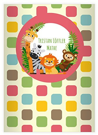 Kartenkaufrausch 16 personalisierte, Fröhliche, buntes Zoo DIN A4 Grundschul Hefte mit Giraffe, Zebra und co in rosa Kontrastlineatur 1