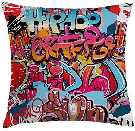 ABAKUHAUS Graffiti Kissenbezug, Hip Hop Street Art, Wasser und Schmutz resistent Stoff Digital Druck Für den Innen oder Außen Bereich, 40 x 40 cm, Rot Aqua