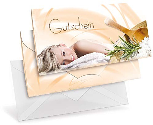 Gutscheinkarten (10 Stück) mit transparenten Briefumschlägen - Geschenkgutscheine für Wellness, Massage, Salzgrotte - DIN lang Faltkarte verschließbar, blanko Vordruck zum Eintragen der Werte