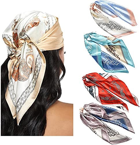 WELROG 100%-Polyester Damen Bandana Halstuch Damen - 4 PCs Kopftuch Vierecktuch Satin Mädchen (Set #1
