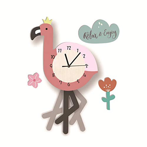 SWECOMZE Kinder-Wanduhr, Wanduhr aus Holz, Uhr ohne Tickgeräusche, Lautlos Uhrwerk, Kinderuhr, Wanddeko für das Kinderzimmer (Flamingo)