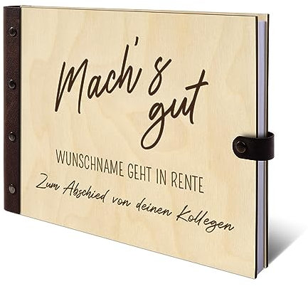Gästebuch Birkensperrholz Gravur individuell Holzcover mit Lederrücken 72 Blatt | 144 Seiten DIN A4 quer 302x215mm - Machs gut