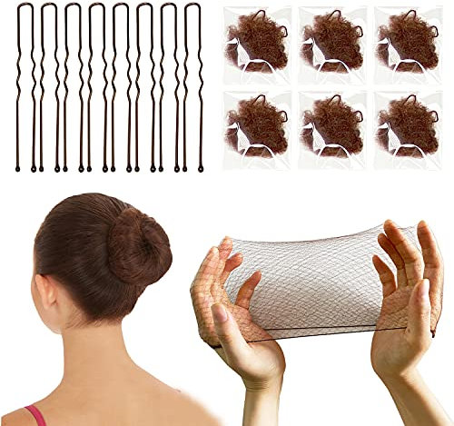 Haarnetze Unsichtbar und U Form Bobby Pins Set/50 PCS Elastisches Haarnetz and 10 PCS U-Form Haarnadel,Invisible Mesh Hair Netze für Balletttanz 20 Braun