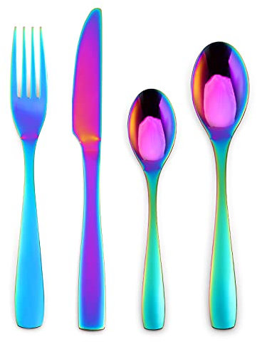 HOLIHIGH 24 Pieces Rainbow Stainless Steel Cutlery Set for 6 People, Colorful Flatware Tableware Set, Silverware with Spoon Knife and Fork Set, Easy Clean, Dishwasher Safe, Mirror Finish