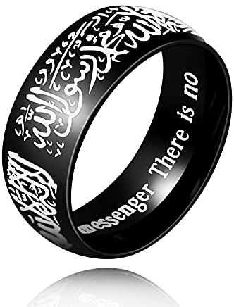 Uloveido 8mm Schwarzer Blauer Goldener Edelstahl Islamischer Muslimischer Muhammad Shahada Arabischer Gott Allah Botschafter Ring für Männer Jungen. (Schwarz, 18.25)