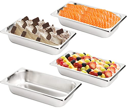 TOPZEA Set of 4 Stainless Steel Steam Table Pan 1/3 Size, 63mm Height Breading Tray, Buffet Dinner Food Serving Hotel Pan for Food Warmer, Preparing Bread-Crumb Dish, Marinating Meat, Capacity:2.4 L