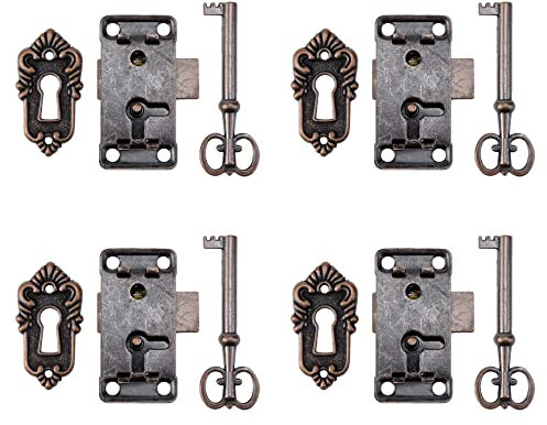 Mcredy Lot de 4 serrures vintage de 5,3 cm pour tiroir, armoire, boîte à bijoux, serrure à ressort avec clé, marron
