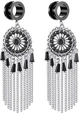 Beydodo Piercing Tunnel 10MM, Ohr Plug Edelstahl mit Anhänger Traumfänger Lange Kette Piercing Ohr Expander 2PCS