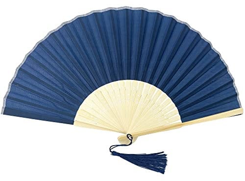 FANSOF.FANS Fabric Handheld Folding Hand Fan With a Tassel Grade A Bamboo Ribs for Women Girls Summer Party Event Favour Birthday Wedding Souvenir Gift (Navy Blue)