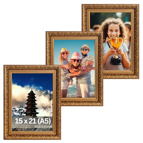VictoR Vintage Bilderrahmen „Rubens“ 3er Set in 15x21 cm (A5) Braun Gold - Leiste: 30x20mm - Echtglas - Fotorahmen Barock - Antik - Bilderrahmen 15x21 Vintage - Fotorahmen A5 Vintage