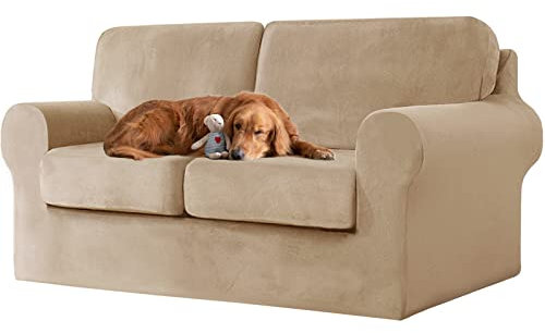jianyana High Stretch Sofabezug, 1/2/3 sitzerSamt Elastisch Sofa Überwürfe Sofabezug mit Gummizug Einstellband (Beige,2-Sitzer-5PCS)