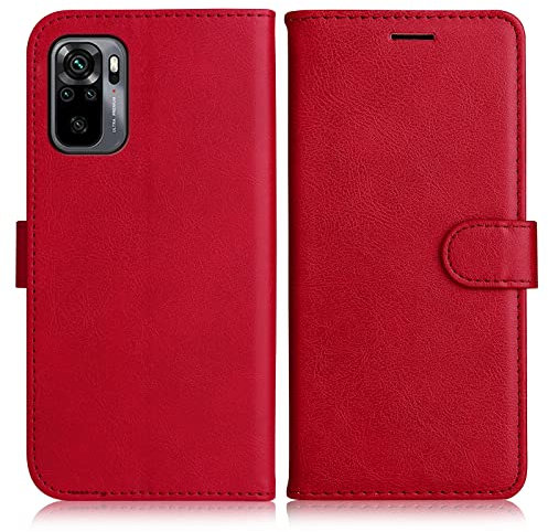 DENDICO Hülle für Xiaomi Redmi Note 10 4G / Redmi Note 10S, PU Leder Brieftasche Handyhülle, Flip Tasche TPU Schutzhülle mit Kartenfach für Xiaomi Redmi Note 10 4G / Redmi Note 10S, Rot