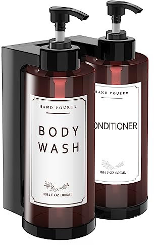 NICEME Set di 2 Dispenser di Sapone in Plastica da 300 ml, Dispenser di Shampoo in Plastica da Riempire, Bottiglia di Pompaggio + Etichetta