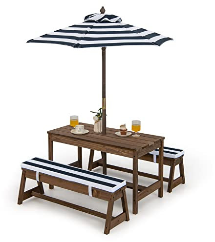 COSTWAY Juego de Mesa y Bancos de Madera con Cojines y Sombrilla, Set para Niños con Sombrilla para Interiores y Exteriores (Azul)
