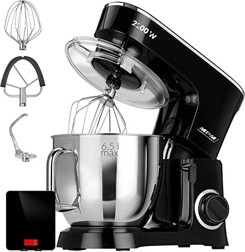 MPM Batidora Amasadora Repostería Profesional Robot Cocina Orbital 2200W Máx. 6,5L Bol Acero Inox, 6 Velocidades + Función Pulso, Sistema Planetario, 3 Accesorios+ Báscula, MRK-19B