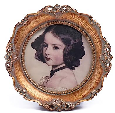 SIKOO Kleine runde Bilderrahmen, Vintage-Bilderrahmen, 7,6 x 7,6 cm, Antik-Mini-Bilderrahmen, kunstvolle Bilderrahmen, Collage, Wandhalterung und Tischplatte, geprägt, Blumenmuster, Bronze, Gold