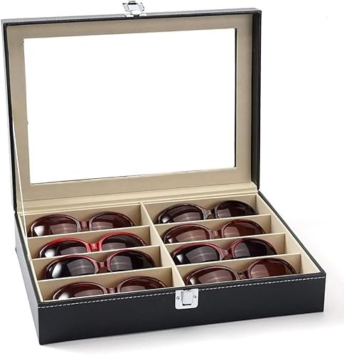 ZiaWorld Lockable Sunglasses Display Organiser Box, Glasses Storage Box with Lock and Key, Slots for Sunglasses, Eyeglasses and Spectacles, Black Unisex Sunglasses Case (8 Slots Sunglass Box)