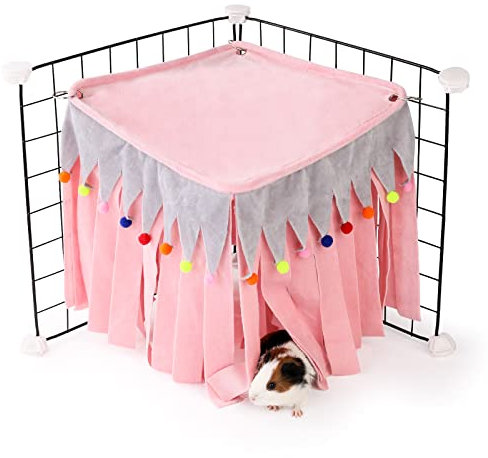 ONEJU Meerschweinchen Versteck, Meerschweinchen Eckversteck, vierseitige Fransen, quadratische Oberseite und waschbare, ideale Verstecke für kleine Haustiere, Keine Metallzäune, Rosa