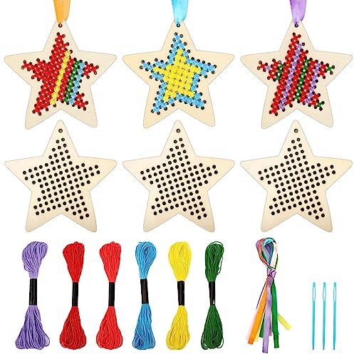 JSRQT Punto Croce in Legno Motivo a Stella per Principianti Modello da Ricamo per Fai Da Te Assortiti Ricamati a Decorazione In per Bambini