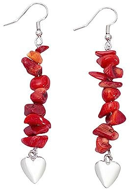 Orecchini Pendente Donna,Orecchini Pendenti in Corallo Rosso con Pietra Burattata con Pendente A Cuore Orecchini Pendenti Lunghi con Gancio Guarigione Cristallo Reiki Equilibrio Chakra Gioielli Rega
