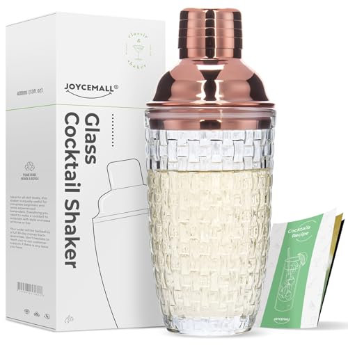 JOYCEMALL - Juego de coctelera de vidrio de 13 onzas, con tapa de acero metálico a prueba de fugas y colador, para uso doméstico y carrito de bar (oro rosa)