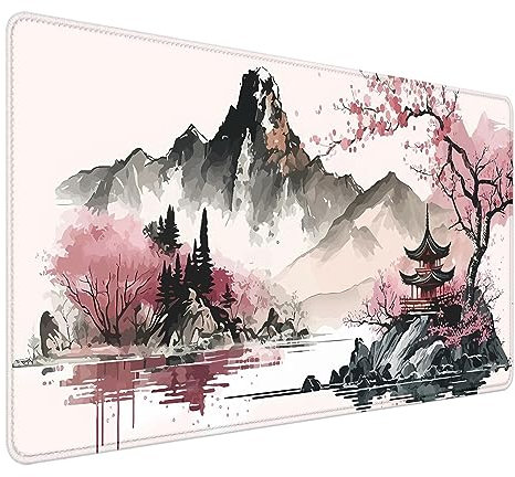HUOCAIREN Ink Cherry Blossom Großes Gaming-Mauspad (90 x 40 cm), Aquarell-Mauspad, Gaming, Mauspad, Schreibtischunterlage, erweitertes Mauspad mit genähtem Rand für Home Office