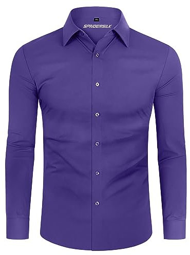 DEMEANOR Camicia da uomo a maniche lunghe, elasticizzata, slim fit, per il tempo libero, senza ferretto, Lilla, 3XL