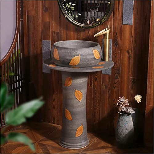 Vanity Unit with Basin,Bathroom Basin Sink with Full Pedestal, Pedestal Sink Handcrafted Ceramic wash Basin Pedestal washbasin, Kaolin Clay Pedestal Sink Round Freestanding Sink fo