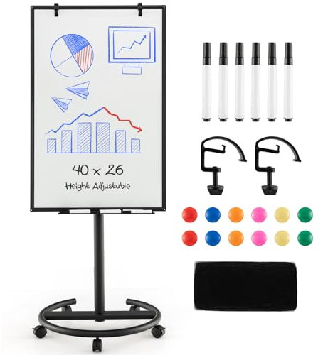 GOPLUS Tableau Blanc Effacable 65 x 100 CM, Tableau Blanc Magnetique avec Support Hauteur Réglable et 5 Roues Roulant, 1 Effaceur, 2 Crochets, 6 Marqueurs, 12 Aimants, 25 Papiers, Idéal pour Bureau