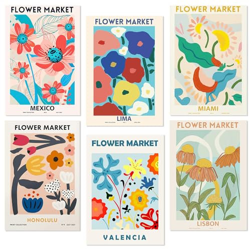LIMITADA 6 Stück Flower Market Poster Stilvolles Blumenmarkt Poster Flower Kunstdrucke Poster Blumen Weinlese Wand Plakat für Wohnzimmer Schlafzimmer 30 * 21cm /11.81x8.27inches (canvas)