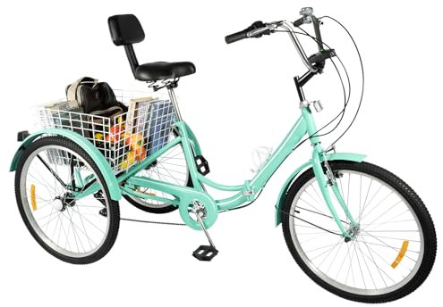 TESUGN Dreirad für Erwachsene, 24 Zoll Faltbar Erwachsene Dreirad mit LED Licht und Korb, 3 Räder 7 Gang Dreirad Fahrräder aus Kohlenstoffstahl, Verstellbare Senioren Trike Cruise Einkaufsrad, Grün