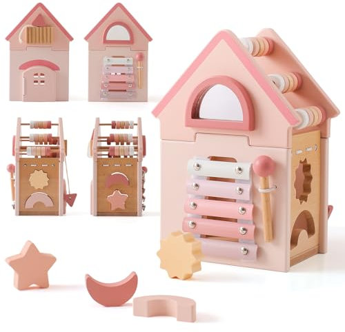 WOODEN TEETHER Motorikwürfel aus Holz, 5-in-1 Montessori Spielzeug Baby, Motorikspielzeug für Baby, Spielzeug Motorikschleife, Holzspielzeug ab 1 Jahr, Activity Center, Geschenke für Mädchen