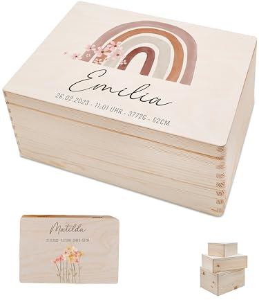 Bärenfreunde - Personalisierte Erinnerungsbox Baby mit Spezial-Druck - Individuelle Baby Erinnerungsbox - Erinnerungskiste aus Holz - Geschenk zur Geburt (M | Klappdeckel,Regenbogen Blumen)