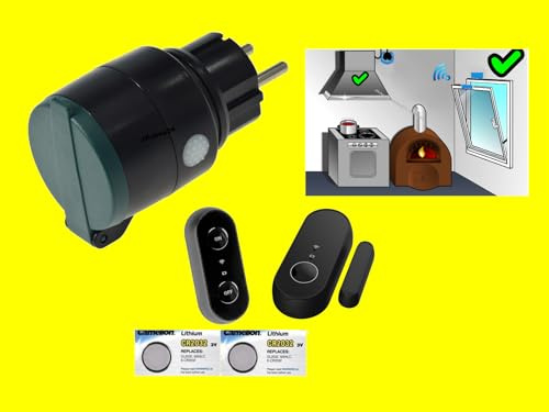 Wetterfeste FUNK-ABLUFTSTEUERUNG High-Tech-Set OUTDOOR-geeignet | Zwischenstecker 2000W +Tür-/Fenster-Sensor +Hand-/Wandsender IP55+2xErsatzbatterie | EINSATZFERTIG ANGELERNT-EINFACHE INSTALLATION!