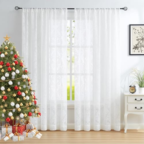 Abstractex White Lace Net Curtains 90 Inches Long for Living Room Damask Floral Sheer Panels for Bedroom Luxury Vintage Light Filtering Victorian Window Treatment Sets, 54 W Rod Pocket 2 Panels