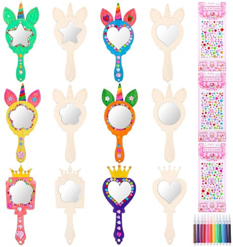 taonganui 12 Stück Einhorn Spiegel Basteln, Holz Einhorn Spiege Holzspiegel Zum Bemalen Mini Handspiegel mit Griff für Mädchen Bastelset Mitgebsel Geschenk Party