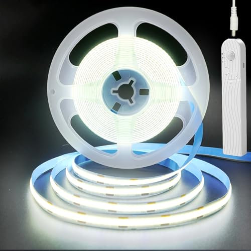Clearhill 5V Motion Sensor Dimmable USB Rechargeable COB LED Strip Lights,Built-in 1500mAh Battery,Three Modes,9.84FT/3M,Cool White 6500K,320LEDs/M,Night for Closet,Wardrobe,Bed,Stairs,Kitchen