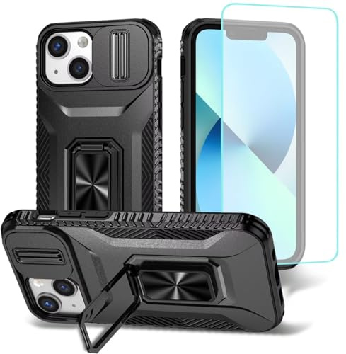 Wanyuexes Case for iPhone 12 Mini Case, iPhone 13 Mini Case with Tempered Glass Screen Protector and Slide Camera Cover, Rotated Ring Car Mount Holder Shockproof Cover for iPhone 12 Mini Black