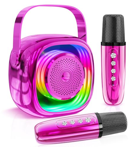 JYPS Karaoke 2 Microfonos Inalambricos, Mini Karaoke Infantil Micrófonos Inalámbricos Altavoz Bluetooth Portátil con Efectos de Cambio de Voz y Luces LED, Niña 3-12 Años Microfono Niños Regalo