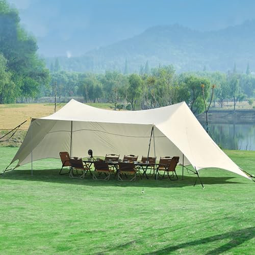 Camping Tarp Ausrüstung Markise Sonne Unterstand, 9x5m Campingplane unter Zelt mit 4 Stangen Leichte Campingzeltplane Hängematte Regenplane Ultraleichtes Markisendach for Familienurlaub und Camping,Be