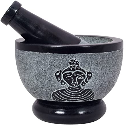 Divit Shilp Mortar and Pestle, Made of Heavy Duty Polished Hard Stone, Natural Stone Grinder For Spices, Pastes, Herbs, Seasoning etc. (Buddha)