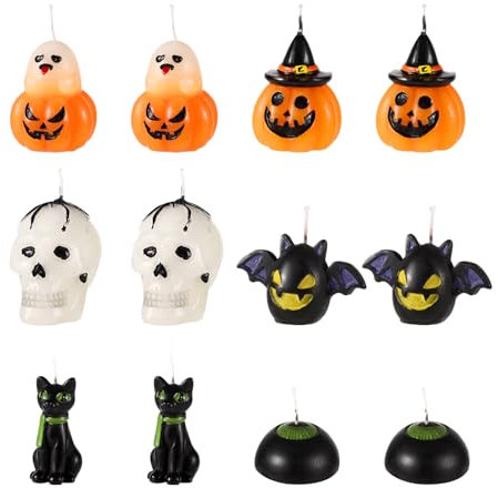 12 Stück Halloween Kerzen, Süßer Geist Kürbis Kerzen Gruselig Totenkopf Schwarze Katze Augapfel Fledermauskerze Halloween-Dekorationskerzen für Herbst Halloween Partygeschenk Zuhause Dekor