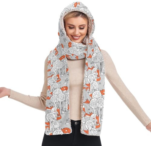 GAIREG Kapuzenschal für Damen, kalte Mütze mit Schal, Kapuzenschal, Mütze, Fuchs, Vögel, Bäume, Grau, Einheitsgröße