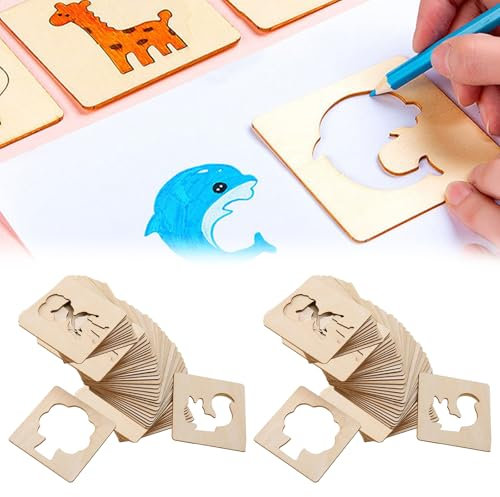 WANDGU Zeichenschablonen für Kinder: 60 Stück 8 x 8cm Hölzern Zeichenschablonen, Kreideschablonen aus Holz, Zeichenschablonen Set Kinder, Wiederverwendbar Malerei Schablonen für DIY Handwerk Lernen