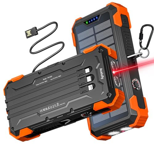 Solar Powerbank 38800 mAh mit 4 Kabeln, Powerbank USB-C 15W Schnellladung 5 Ausgänge 3 Eingänge für Handy, Wasserdichtes Solarladegerät Externe Akkus mit Taschenlampe (SOS), Rotes Licht, Thermometer