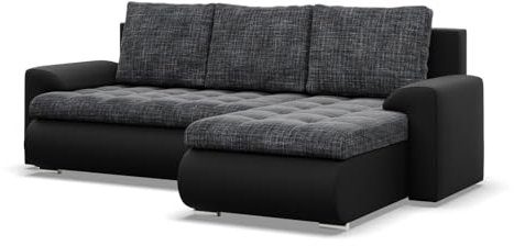 Mebligo - Ecksofa mit Schlaffunktion und 2 Bettkasten Schwarz + Schwarz 230x89x159 (BxHxT) FORESTA - Rechts Eckcouch, Sofas & Couches, Couch L Form, Cauchsofa, Sofa Wohnzimmer