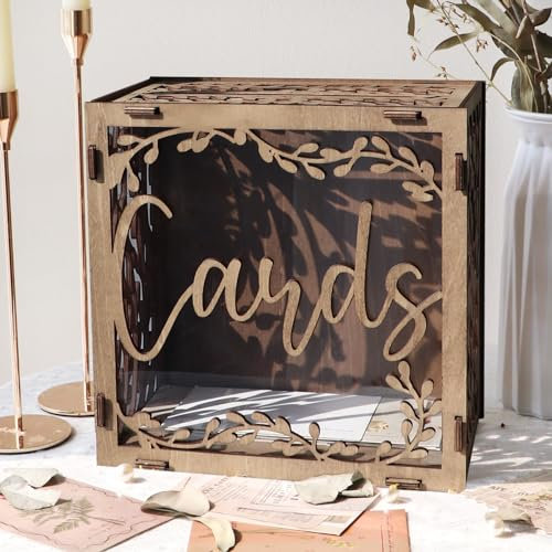 AerWo Wedding Card Box with Acrylic Window, Wooden Post Box for Cards Envelop Money Gift Card Boxes, Rustic Wedding Decorations for Reception Bridal Shower Graduation Party Birthday