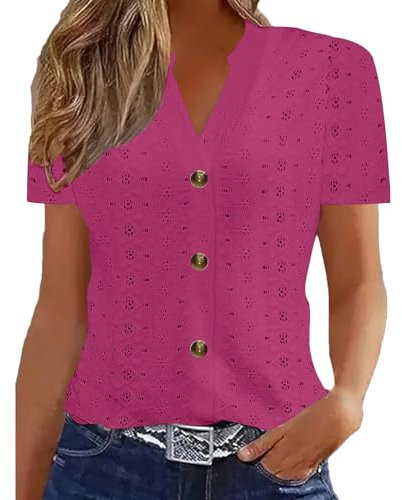 Ladies Blouses, Vintage Floral Print Shirts Summer V Neck Short Sleeve Blouse Eyelet Embroidery T-Shirt Going Out Top for Women Causal Clothes Women's Tunic Tops Slim Fit T-Shirts XS-XXL