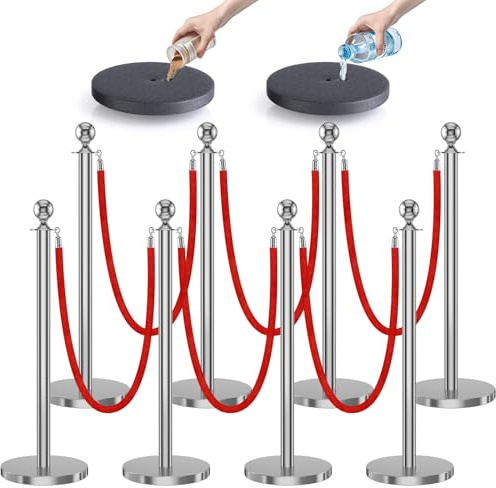 kaiyomi 8Pcs Stanchions with Red Velvet Ropes Set, 5 Feet Velvet Ropes and Posts Poles for Red Carpet Party Decoration and 360° Photo Booth (Silver)