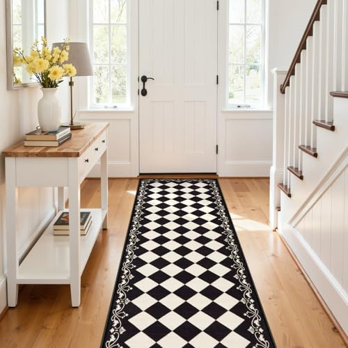 Zealude Checkered Kitchen Runner Rug 2x6 Vintage Modern Washable Runners for Hallways Non Slip Low Pile, Moroccan Framhouse Bathroom Runner Fall Brown Print Entryway Laundry Besides Home Decor